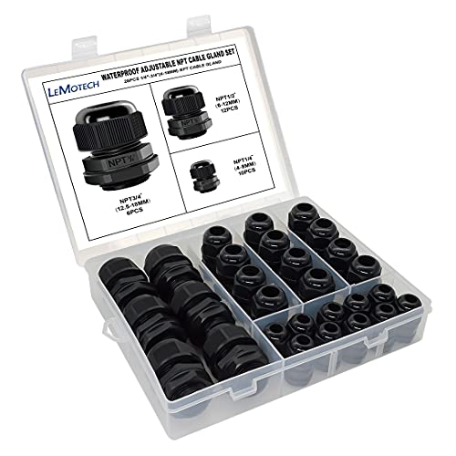 LeMotech 28 Pack NPT 1/4" 1/2" 3/4" Cable Glands Kit Waterproof Adjustable 4-18mm Cable Connectors Black Nylon Joints with Gaskets in PP Box - color: Black, size: 1/4inch, 1/2inch, 3/4inch 28-pack