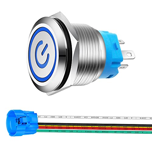 Gebildet 0.87''/22mm Blue LED Stainless Steel Latching Push Button Switch 12V-24V/5A Power Symbol LED 1NO1NC SPDT ON Off Waterproof Toggle Switch with Wire Socket Plug - color: blue /12-24V