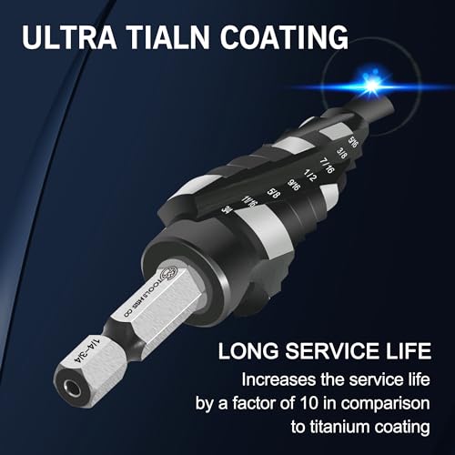 GMTOOLS M35 Four Spiral Flute Cobalt Step Drill Bit, 1/8"-1/2" Wear-Resistant TiAlN Coated Four-Flute Step Bit, 1/4" Hex Shank Unibit Step Bit for Metal, Stainless Steel, Aluminum, Wood, Plastic - style: Four blade 1/8-1/2