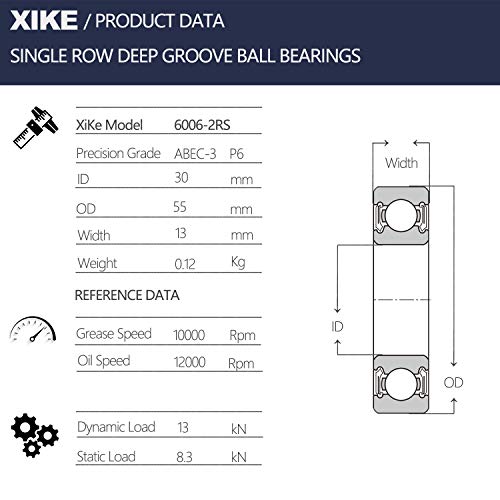 XIKE 6006-2RS Sealed Deep Groove Ball Bearings, 30x55x13 mm, 10-Pack - size: 6006-2RS - 30x55x13 mm
