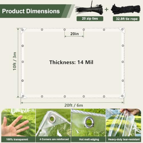 Clear Tarp with Grommets,Transparent Heavy Duty PVC Vinyl Tarpaulin， Anti-Tear Waterproof ，14Mil Clear Awning Canopy Patio Enclosure,for Home Garden Outdoor（10' x 20'） - size: 10' x 20'（3*6m）