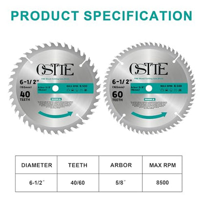 6-1/2 Inch Circular Saw Blade, 5/8" Arbor, 2 Pack - size: 6-1/2" 40&60T (2PCS)