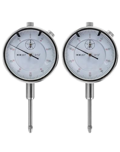 QWORK 0-1 Inch Dial Indicator with Carbide Anvil, 2 Pack, 0.001 Inch Resolution, Interchangeable Flat & Lug Back – 2 Inch Dial, Twist-Lock Bezel