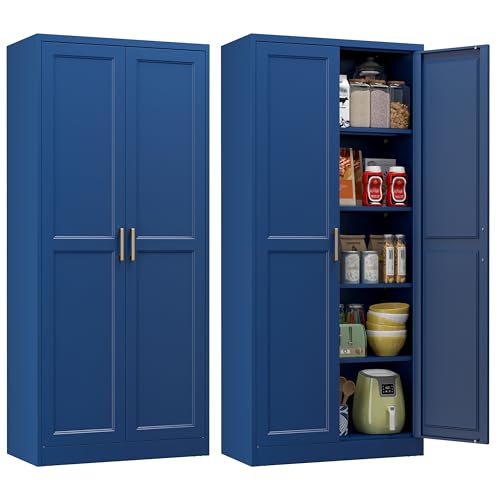 Polup 71" Blue Metal Kitchen Pantry Storage Cabinet with Doors and Shelves - color: Blue, size: 71"H with No Drawers