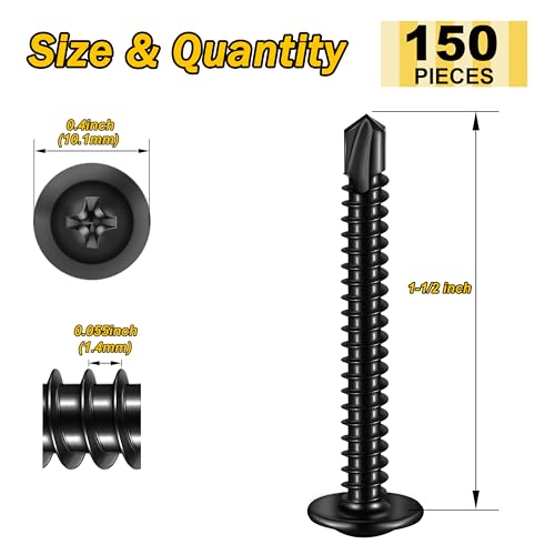 Mywish 150Pcs #8×1-1/2" Black Self Tapping Screws for Metal, Sheet Metal Screws 410 Black Oxide Stainless Steel Truss Head Self Drilling Screws High-Strength - color: Black, size: #8x1-1/2" (150 pcs)