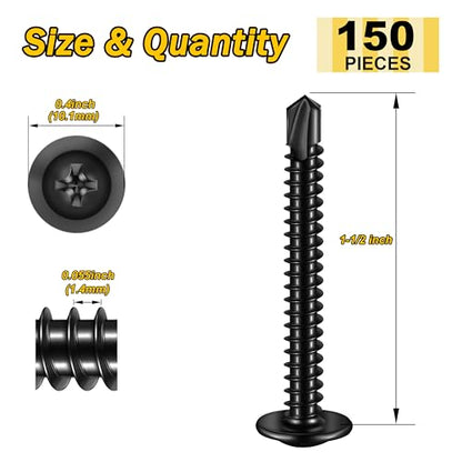 Mywish 150Pcs #8×1-1/2" Black Self Tapping Screws for Metal, Sheet Metal Screws 410 Black Oxide Stainless Steel Truss Head Self Drilling Screws High-Strength - color: Black, size: #8x1-1/2" (150 pcs)
