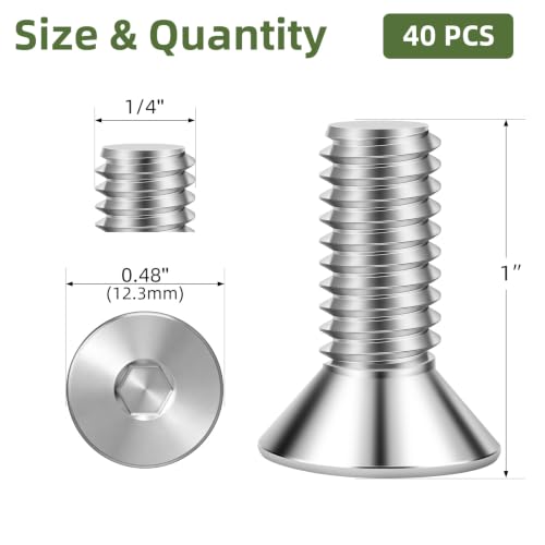 40 PCS 1/4"-20 x 1 Flat Head Socket Cap Screws Bolts, Countersunk Allen Bolts, Stainless Steel 304, Full Thread, Bright Finish, Screwdriver Included - color: Silver, size: 1/4"-20 x 1"
