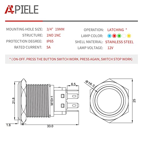 APIELE 19mm Latching Push Button Switch 12V DC Angel Eye Halo Ring LED Metal 0.74" 1NO1NC SPDT with Wire Socket Plug (RED) (Pack of 2) - color: Silver Shell-Red, size: Silver Shell (Pack of 2)