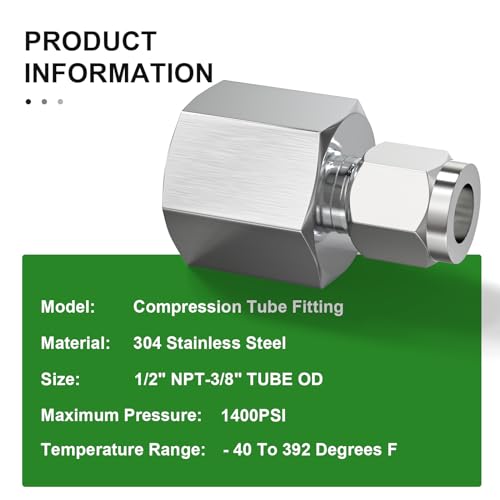 TAISHER 2PCS 304 Stainless Steel Compression Tube Pipe Fitting Connector, 3/8" Tube OD x 1/2" NPT Female Straight Adapter - size: 3/8" OD x 1/2" FNPT