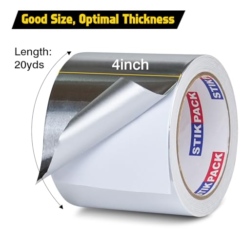 Aluminum Foil Tape 4 inch x 60ft (20 Yards) Heavy Duty HVAC Duct Tape for Ductwork – High Temperature Silver Foil Tape for Insulation, Metal Repair, Exhaust Sealing & Patching - size: 4 Inches x 20 Yards