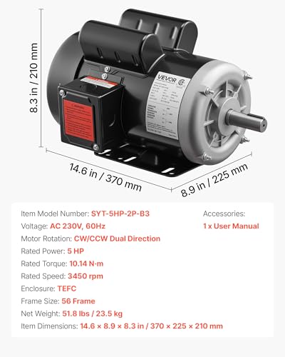 VEVOR 5 HP Electric Motor, 3450RPM Air Compressor Motor, CW/CCW Rotation, 0.875 inch Shaft Diameter, 2.25inch Shaft Length, 10.14N.m Torque, Single-Phase, 230V, TEFC Cooling - size: 5P-7/8" Shaft