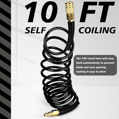 Flutesan 10 Pack 1/4 in x 10 ft Recoil Air Hose with Quick Coupler, Black - color: Black