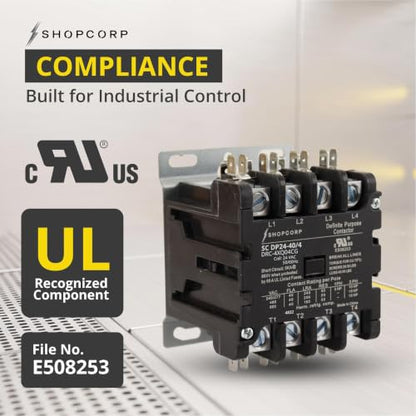 4 Pole 40 Amp AC Contactor, 24V Coil, UL Recognized, HVAC - style: 4 Pole 24V