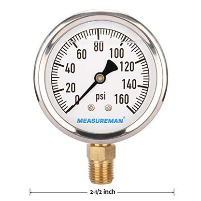MEASUREMAN 2-1/2" Dial Size, Glycerin Filled Plumbing Pressure Gauge, 0-160psi, Stainless Steel Case, 1/4" NPT Lower Mount - size: 0-160 psi, style: Lower Mount