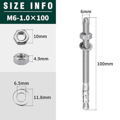 12-Pack M6-1.0 x 100 Wedge Anchors, Stainless Steel 304 (18/8), Concrete Anchor for Heavy-Duty Projects - size: M6-1.0 x 100