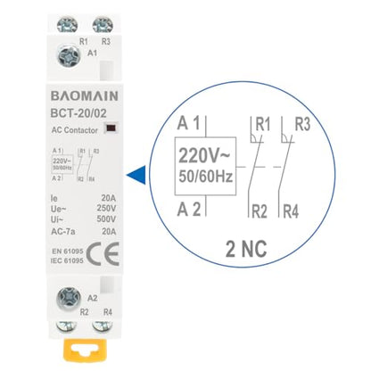 BAOMAIN 220V AC 2-Pole 20A Modular Contactor, 2NC, DIN Rail Mount