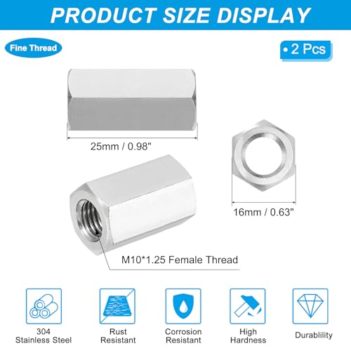 PATIKIL M10x1.25 Pitch 304 Stainless Steel Hex Coupling Nuts, 2 Pcs 25mm / 0.98" Length Fully Threaded Rod Coupling Nut Studding Connector Fasteners, Silver Tone - size: M10-1.25 x 25mm