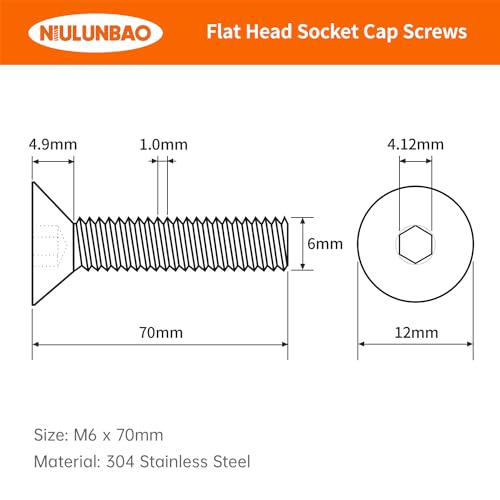 M6-1.0 x 70mm Flat Head Hex Socket Cap Screws Countersunk Bolts, 304 Stainless Steel, Metric Allen Socket Drive, Fully Threaded, Bright Finish, 10PCS - size: M6-1.0 x 70mm(10PCS)