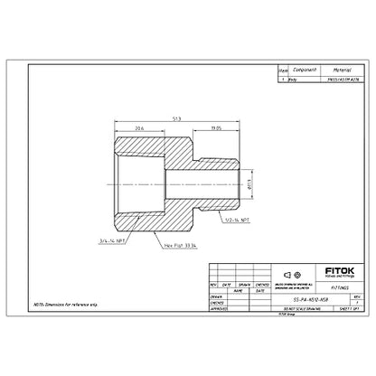 316 Stainless Steel Pipe Fitting Reducing Adapter 3/4'' Female NPT × 1/2'' Male NPT, 4600 psi, SS-PA-NS12-NS8 - size: 3/4'' FNPT × 1/2'' MNPT