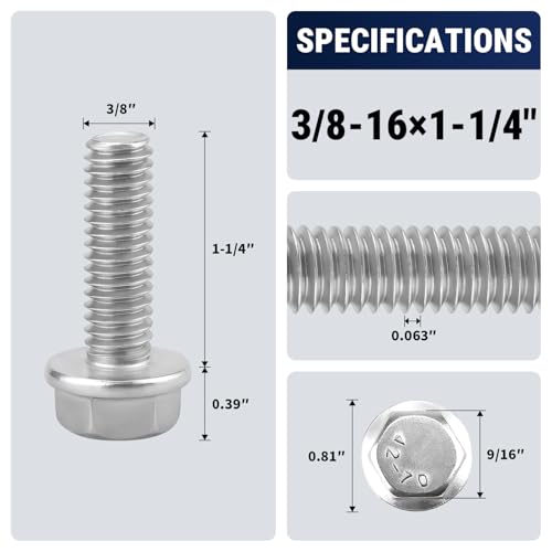 3/8-16 x 1-1/4" Flange Hex Bolts, 304 Stainless Steel 18-8, A2-70 Grade, Non-Serrated Flange Bolts for Automotive Repair, Fully Threaded, 10 Pcs - size: 3/8-16 x 1-1/4