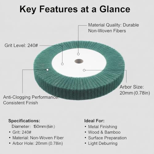2 Pcs 6'' Non-Woven Buffing Polishing Wheels, 4/5" Arbor 240 Grit - style: 2pc 6''x1'' Green