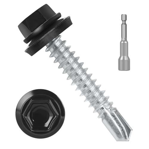 #14 x 1-1/4" (50 PCS) Black Metal Roofing Screws with Rubber Washer, Hex Head Self Tapping Screws for Metal, Self Drilling Sheet Metal Screw - size: #14 x 1-1/4"