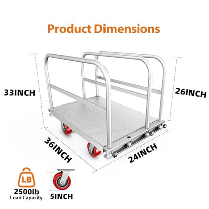 Steel Panel Truck Cart, Platform Truck, Heavy Duty Lumber Drywall Dolly, Flatbed with 2500 lbs Capacity and 4 Swivel Casters, 36x24inch Steel Board with 3 Side Handrails