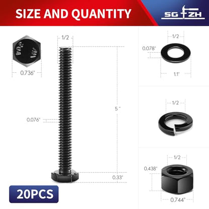 1/2-13 x 5 Hex Head Screw Bolt, Nuts, Flat & Lock Washers, 20Pcs 18-8 (304) Stainless Steel, Fully Threaded, Black Oxide by SG TZH - size: 1/2-13 x 5"