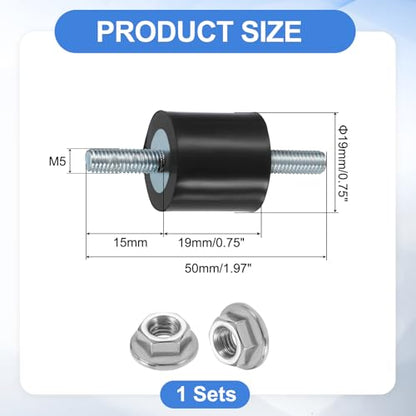 uxcell 4Pcs M5 x 15mm Rubber Mounts, 19 x 19mm Cylindrical Anti Vibration Isolator Studs Shock Absorber Double Studs with Nuts for Car Bobbin Generator Air Compressors - size: M5 x 15mm, 19 x 19mm