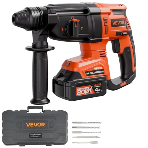 VEVOR 1-1/8" SDS-Plus Rotary Hammer Drill, 20V Brushless Cordless SDS Hammer Drills, 4.0Ah Lithium-Ion Battery Powered, 3.0A Fast Charger, 4 Modes, Rotomartillo for Concrete,1200 RPM, 5300 BPM - size: 1-1/8 in