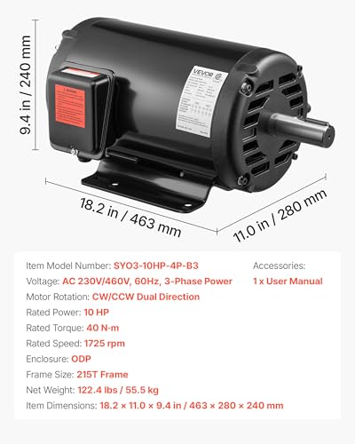 VEVOR 10 HP Electric Motor, 1770RPM Air Compressor Motor, CW/CCW Rotation, 1.375 inch Shaft Diameter, 3.88inch Shaft Length, 40N.m Torque, Three-Phase, 230V/460V, ODP Cooling, 215T Frame - size: 10P-215T-3.88inch Shaft Length