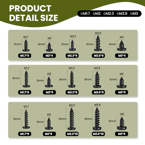 750Pcs M1.7-M3 Small Self Tapping Screws for Plastic and Metal - color: Black