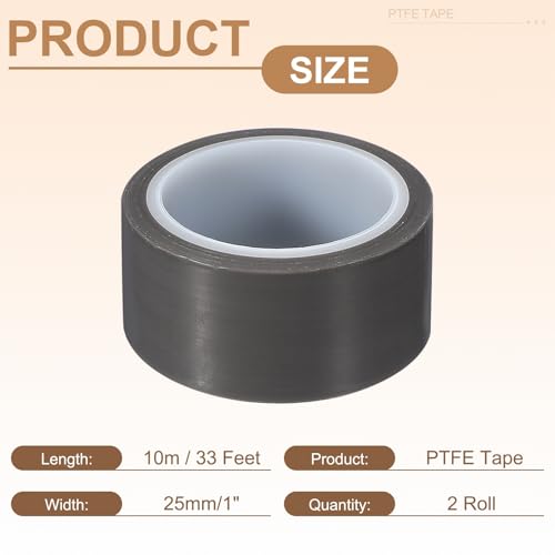 PATIKIL 1" x 33ft Heat Resistant Tape, High Temperature Tape PTFE Adhesive High Heat Tape Waterproof Smooth Surface for Vacuum Sealer Machine Insulation Protection, 0.08mm Thick, 2PCS - size: 0.08x25mm
