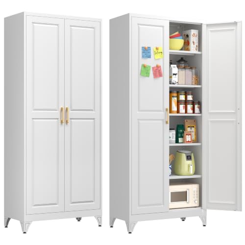 Polup 75" Pantry Cabinet, Tall Metal Storage Cabinet with Doors and Shelves - color: White, size: 75"H with No Drawers