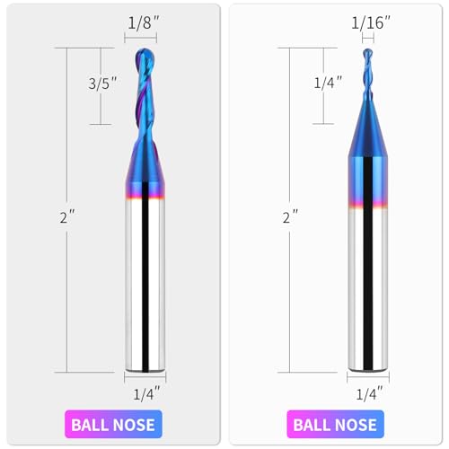 EANOSIC 1/4 Inch Shank Carbide Ball Nose End Mill Set (5 Pieces), CNC Router bits Milling Tools with Nano Blue Coating for Side Milling, End Milling, Finish Machining - size: 5 PCS Ball Nose Set