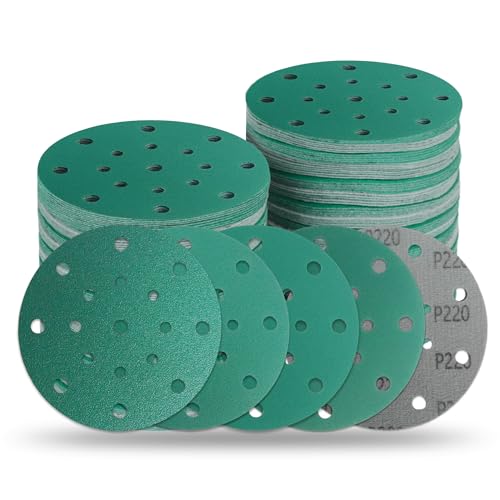 6 Inch 17 Hole Zirconia Hook & Loop Sanding Discs Assortment - 80, 120, 150, 180,220 Grit (10/Each), Heavy-Duty Polyester Film Backing, Wet Dry Anti-Clog for Random Orbital Sanders - 50 Pack - color: Mixed Grit, size: 6 Inch 17 Hole