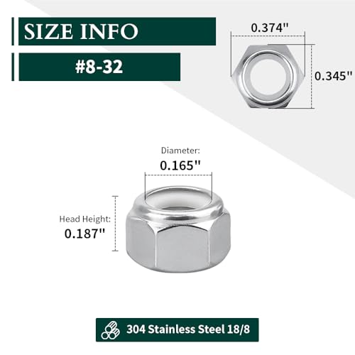 #8-32 Nylon Lock Nuts, 304 Stainless Steel (18-8) Hex Insert Locknuts, UNC Coarse Thread, Precision Nuts for 3D Printers & Electronics, 50 Pack - size: #8-32