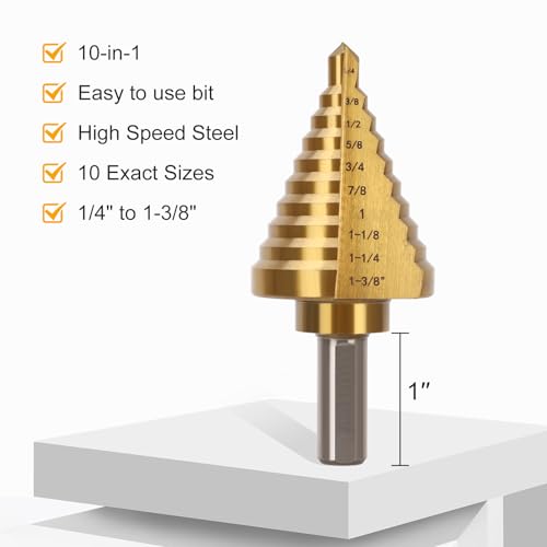 Titanium Step Drill Bit with 10 Sizes, 1/4 to 1-3/8 Inches High Speed Steel Drill Cone Bits for Sheet Metal Hole Drilling Cutting, HSS Multi Size Hole Stepped Up Unibit for DIY - style: 1PC Step Drill Bit