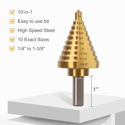 Titanium Step Drill Bit with 10 Sizes, 1/4 to 1-3/8 Inches High Speed Steel Drill Cone Bits for Sheet Metal Hole Drilling Cutting, HSS Multi Size Hole Stepped Up Unibit for DIY - style: 1PC Step Drill Bit