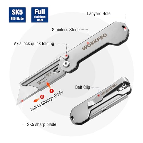 WORKPRO 2PCS EDC Folding Utility Knife, Mini Box Cutter with Quick Open Axis Lock, Quick Change Blade Razor Knife, Foldable Small Pocket Knife with Belt Clip, 2 Packs with 10 Extra Blades - color: Silver
