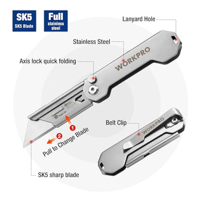 WORKPRO 2PCS EDC Folding Utility Knife, Mini Box Cutter with Quick Open Axis Lock, Quick Change Blade Razor Knife, Foldable Small Pocket Knife with Belt Clip, 2 Packs with 10 Extra Blades - color: Silver