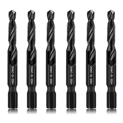 6-Piece 10-24NC Combination Drill Tap Countersink Bit Set SAE, Made of High-Speed Steel with Anti-Rust Blackened Coating, Ideal for Soft Metal, Wood & Plastic, 10-24NC Thread Size, 1/4" Hex Shank - size: 10-24NC