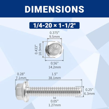 1/4-20 x 1-1/2" Flanged Hex Bolts (20 pcs), 18-8 (304) Stainless Steel, External Hex Drive, Hexagon Head Bolts Screws with Flange Washer, Fayeploo - color: Silver, size: 1/4-20 x 1-1/2