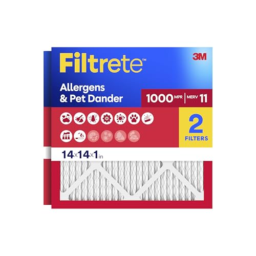 Filtrete 14x14x1 Air Filter, MERV 11, MPR 1000, Allergens & Pet Dander, 3-Month AC and Furnace Filters, Cleaner Air, Reliable Airflow, 2 HVAC Filters (Actual Size 13.68 x 13.68 x 0.81 in) - size: 14x14x1