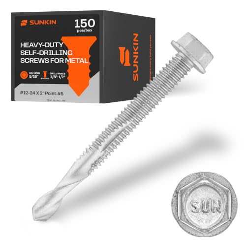 SUNKIN 150PCs Self Tapping Screws for Metal, Hex Head #12 x 2 Inch, Self Drilling for Thick Steel, Less Effort Installation, Long Lasting Anti Rust Coating - size: #12 x 2 inch(150pcs)