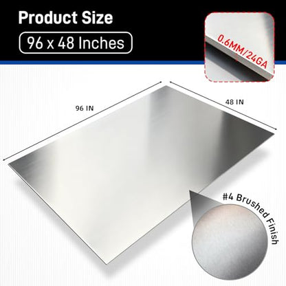430 Stainless Steel Sheet Metal 96 x 48 Inch 24GA Metal Sheet Panel #4 Brushed Finish with Protective Film for Wall, Food Truck, Restaurant, Kitchen, Floor, Trailer, Garage, Crafting - size: 96 x 48 Inch