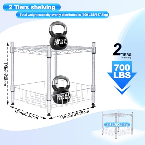 Whitmor 2 Tier Metal Storage Shelves, Heavy Duty Shelf with Basket, 350 lbs Capacity per Shelf, 700 lbs Total, Home Organizer for Kitchen, Garage, Bathroom, 15" L x 14" W x 15" H, Chrome - color: Sliver, size: 2 Tier, 15"L * 14"W * 15"H