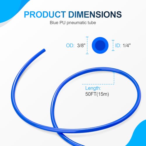Blue PU Air Hose, 3/8" OD 1/4" ID, 50FT - color: Blue, size: 3/8"OD x 50FT