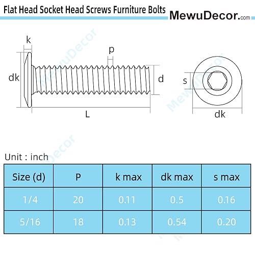 1/4-20 x 1/2" Flat Head Socket Head Screw Furniture Bolts Countersunk Connector Screws, Stainless Steel 18-8 (304), Black Oxide, Fully Threaded, 25 PCS - size: 1/4-20 x 1/2"