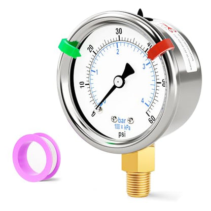 0-60Psi Stainless Steel Dry Low Pressure Gauge 1/8" NPT 2" Dual Scale Dial, Lower Mount, Waterproof for Water Oil Air Well pump, compressors, Tire Gas Pressure Test (with Range Mark Pointer) - size: 0-60Psi, style: Lower Mount(1/8"NPT)